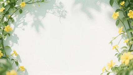 Obraz premium Minimalist floral background with yellow flowers and green leaves on a white backdrop. Natural sunlight creates soft shadows for a fresh and elegant look.