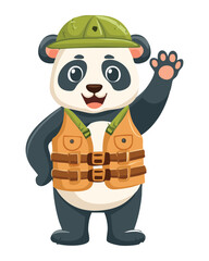 Cute Panda Wearing Safari Vest Waving Its Hand