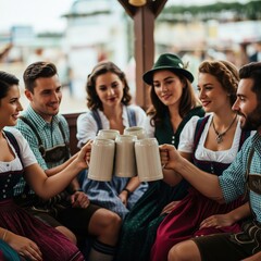 Obraz premium Friends in traditional clothing toasting at a Bavarian festival