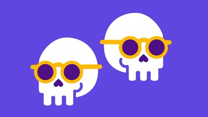 Two white skulls with yellow-rimmed shades on a purple background symbolize duo themes with colorful, bold character