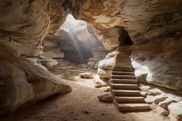 Sunbeams pierce a cave, illuminating steps leading down to a pool