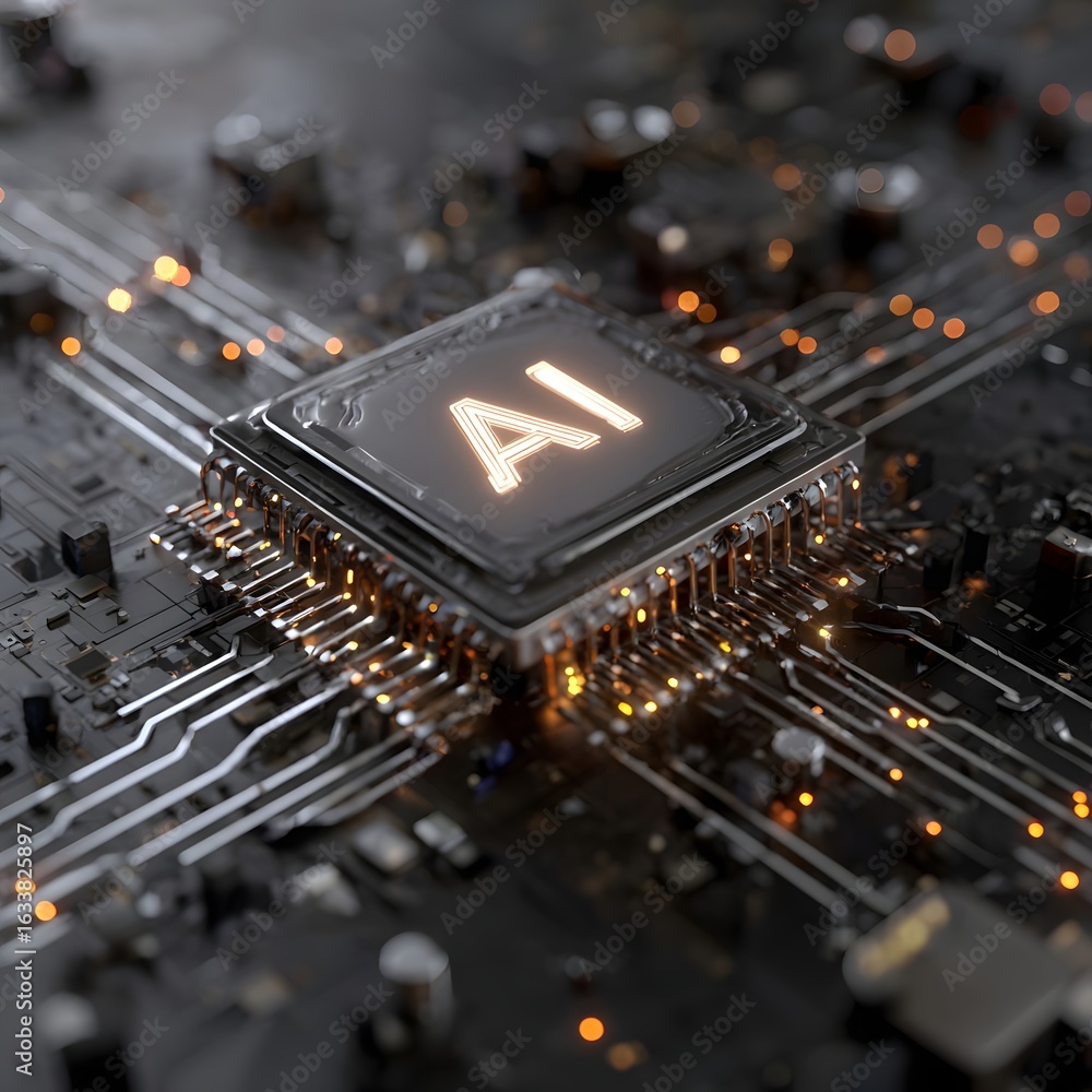 Poster close-up of a futuristic ai microchip on a circuit board, showcasing intricate connections and glowi