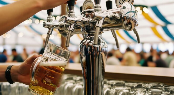 Hand pouring fresh draft beer into a mug at Oktoberfest festival - Powered by Adobe