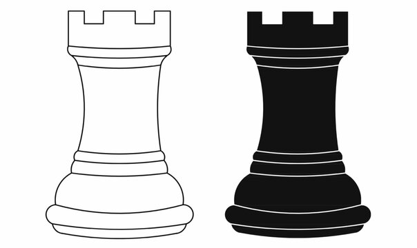 Vector icon of chess rook pieces in black, silhouette and outline styles. Classic tower shape for board games, strategy visuals, apps, or educational game design use.