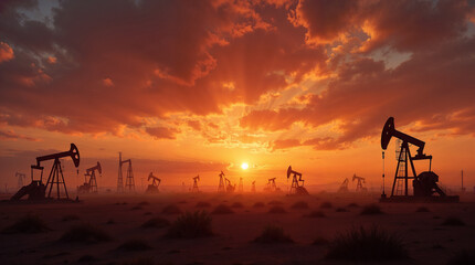 Dramatic sunset over an oil field with multiple oil pump jacks silhouetted against the colorful sky