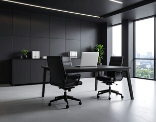 Modern, minimalist black office with large windows overlooking a city