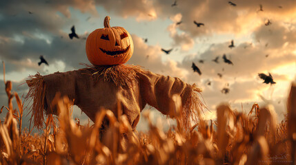 Harvest celebration finds joy in the fields as a cheerful scarecrow guards golden crops against autumn crows at dusk