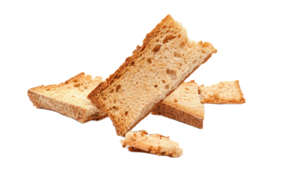 Broken bread rusks with crumbs isolated on white background, png