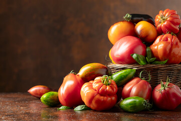 Different varieties of tomatoes on a brown background.