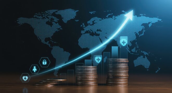 Global financial growth represented by a rising arrow, stacked coins, and a world map with digital icons - Powered by Adobe