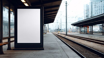 Blank black MUPI-style billboard mockup set against a railway station backdrop