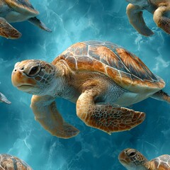 Fototapeta premium Majestic sea turtles gracefully swimming through vibrant turquoise waters, showcasing marine beauty