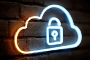 Neon cloud with lock graphic on brick wall