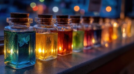Colorful glass bottles with candles