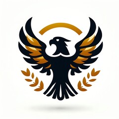 Majestic eagle emblem with outstretched wings and laurel branches isolated on white background