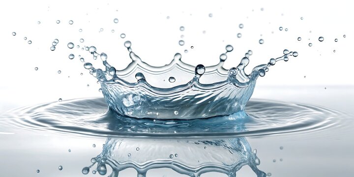 A dynamic splash of clear liquid frozen in motion creating a crown shape with droplets scattering outwards against a bright white background
