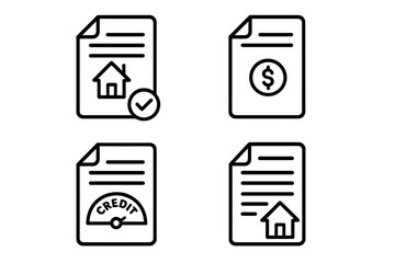 Mortgage loan application documents outline icon set. Vector illustration of mortgage checklist, proof of income, credit score report, home loan paper. Financial paperwork, real estate, banking forms