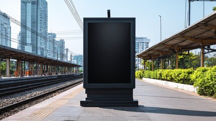Blank black MUPI-style billboard mockup set against a railway station backdrop