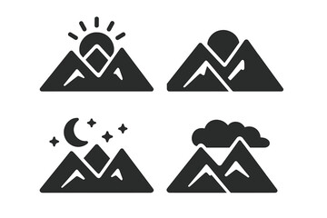 Mountain landscape icon set. Solid vector symbols of mountains with sunrise, sunset, night with moon and stars, and cloudy day. Outdoor scene silhouette, nature weather concept illustration.