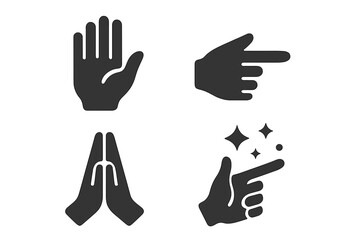 Obraz premium Mystical Hand Gestures Icons Set. Black Solid Hands Vector Collection with Open Palm, Pointing Finger, Prayer Pose, Magic Spell Motion. Spiritual Symbols, Esoteric, Magic, Meditation, Fortune Telling