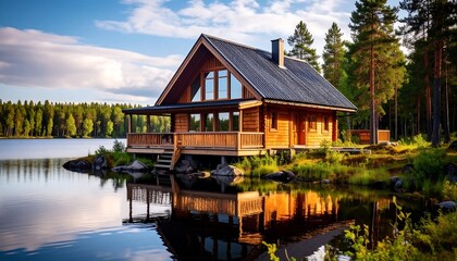 Obraz premium Rustic log cabin by a serene lake