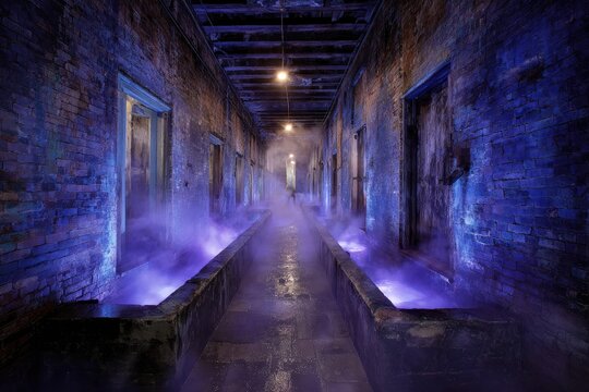 Long corridor, fog, and vibrant purple light - Powered by Adobe