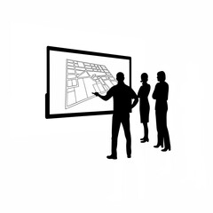 Team observing futuristic 3d city visualization on a large screen