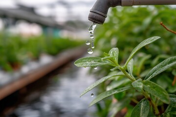 Close Up of Water Droplets on Green Leaves Under Irrigation System in Greenhouse