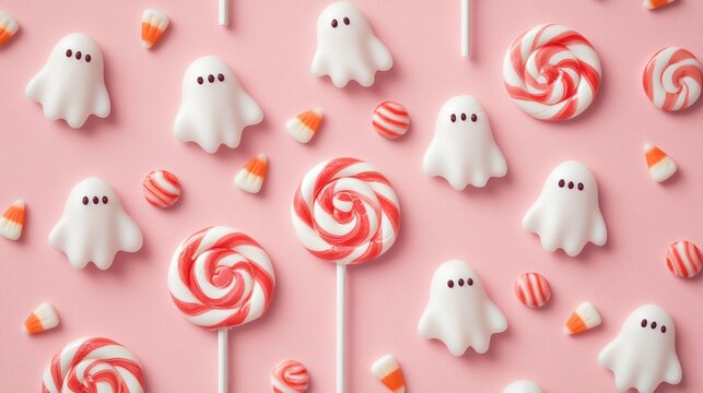 A watercolor pastel halloween background with ghosts and candy. Small, candy-shaped ghosts float among pastel candy corn and lollipops, creating a sweet and spooky theme.