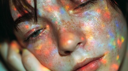 Woman's face with closed eyes and colorful light reflections skin texture.