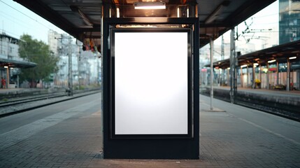 mockup of a black vertical MUPI-style billboard at a train station.