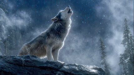 Majestic wolf howls under a full moon amidst a misty forest landscape, capturing the essence of wilderness and solitude at night