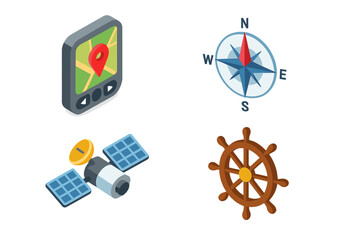 Navigation and Orientation Icon Set. Isometric Vector Collection of GPS Device, Compass Rose, Satellite, Ship Steering Wheel. Modern Direction, Location, Guidance, Travel, and Mapping Symbols.