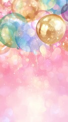festive, sparkling background of iridescent balloons with scattered glitter, set against a soft, dreamy pink bokeh