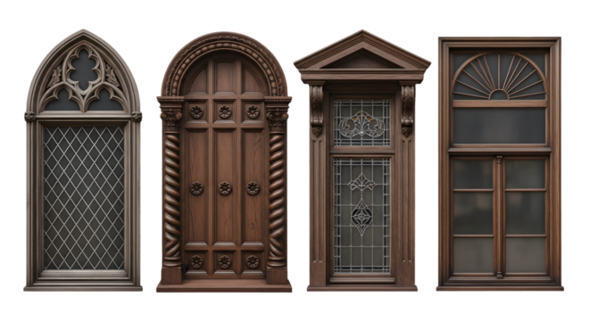 A set of vertical vintage windows with ornate wooden frames displayed against a light background. Each window showcases unique classical architectural details.	