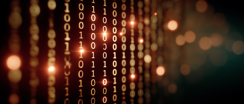 Digital Rain of Information: A mesmerizing display of binary code cascading downwards, suggesting the flow of data within the digital world, set against a backdrop of warm, ethereal bokeh lights.