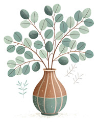 Illustration of eucalyptus branches in decorative ceramic vase, hand-painted botanical artwork for home decor, wall art, and nature-inspired design projects