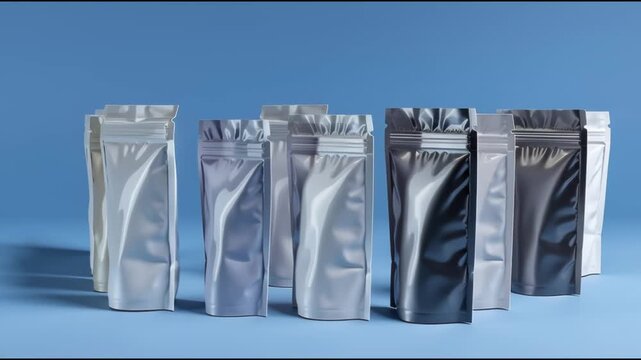 A row of various blank stand-up pouches with zipper seals displayed on a clean blue background, ideal for product branding and packaging mockups.