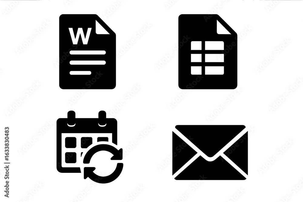 Poster office software icons set. solid filled vector icons of word processor, spreadsheet, calendar sync, 