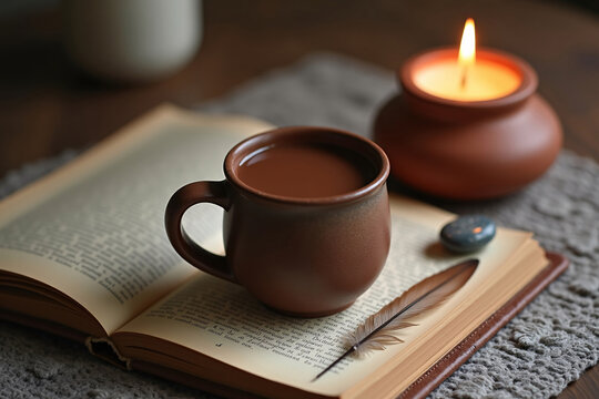 Flat lay with handmade cacao mug, lit terracotta candle, sacred journal with feather and stone, meditative lighting in neutral earthy tones for peaceful mindfulness moments