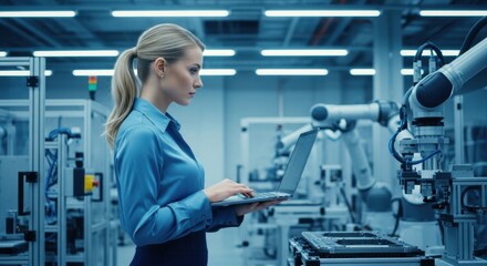 Engineer using laptop for robot programming in factory automation, industrial manufacturing process control and system development