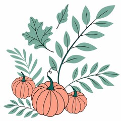Naklejka premium Illustration of three pumpkins surrounded by various leaves, creating an autumnal or harvest-themed composition.