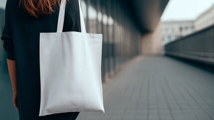 A woman walking while carrying a plain white tote bag, serving as a clean mockup