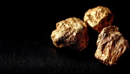 Three rough gold nuggets on dark surface