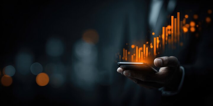 Businessman holding phone with glowing financial charts