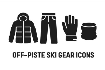 Off-piste ski gear icons set. Black solid vector illustrations of insulated ski jacket, snow pants, gloves, neck gaiter. Winter sports clothing, alpine skiing apparel, cold weather outfit pictograms