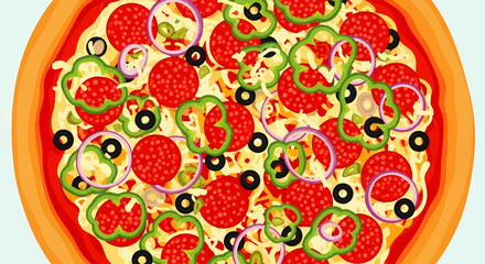 Top-down view illustration of a classic supreme pizza with fresh pepperoni and vegetable toppings.