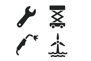 Offshore wind maintenance tools icon set. Solid vector icons of wrench, hydraulic scissor lift, welding torch, offshore wind turbine. Industrial repair, energy, ocean service equipment illustration