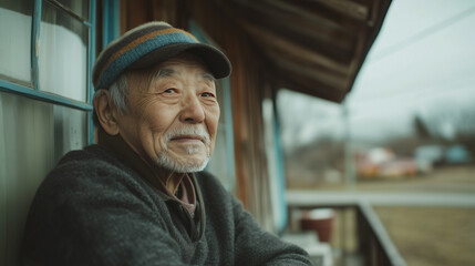 Elderly Asian man relaxing on porch of rustic house during overcast day in rural setting