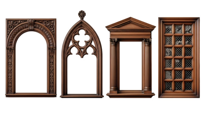 A set of vertical vintage windows with ornate wooden frames displayed against a light background. Each window showcases unique classical architectural details.	
